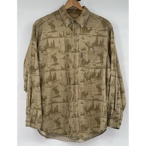Woolrich Moose Twig Wildlife All Over Print Hunt Brown Button Up Large LS Shirt